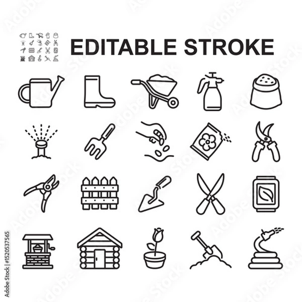 Fototapeta Set of icons related to gardening, caring for plants. Thin line style vector. Contains icons such as flower seeds, water sprayer, boots and more.
