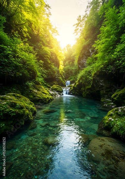 Fototapeta Serene Waterscape: A crystal-clear river carves its way through a lush, verdant forest, sunlight cascading down, illuminating the water and vibrant vegetation, a picture of natural peace.