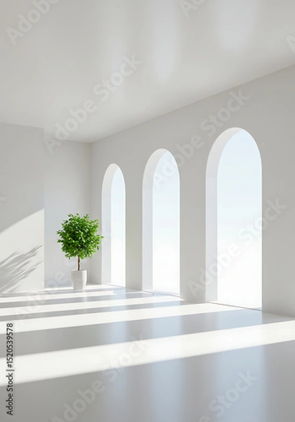 Fototapeta Minimalist Room with Sunlight: A serene minimalist room features three arched windows, allowing soft sunlight to stream in, casting shadows on the floor, accompanied by a small potted plant.