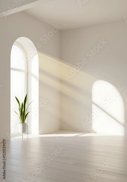 Fototapeta Sunlit Minimalist Room: A minimalist room design showcasing arched windows, hardwood floors, and a single potted plant, all bathed in warm sunlight streaming through the windows.