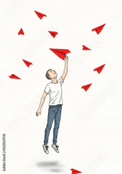 Fototapeta Dreamer's Ascent: A youthful figure reaches for a red paper airplane amidst a flurry of airborne dreams, embodying the spirit of aspirations and creative flight.