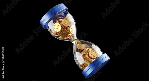Fototapeta Hourglass filled with gold coins falling showing time is money on black background