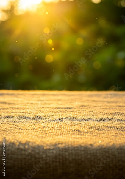 Fototapeta Textured Tablecloth in Sunlight: A close-up shot highlighting a rough-textured tablecloth, bathed in the warm embrace of sunlight, offers a perfect backdrop for showcasing product.