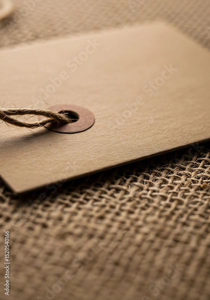 Fototapeta Vintage Tag on Texture: A close-up shot of a blank, vintage tag rests on a rough, woven surface, the details inviting attention and evoking a sense of classic style.