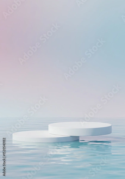 Fototapeta Serene Presentation Stage: Two elegant, minimalist circular platforms float gracefully on a tranquil, rippling water, creating a sense of calm and showcasing a product in a clean, serene setting. 