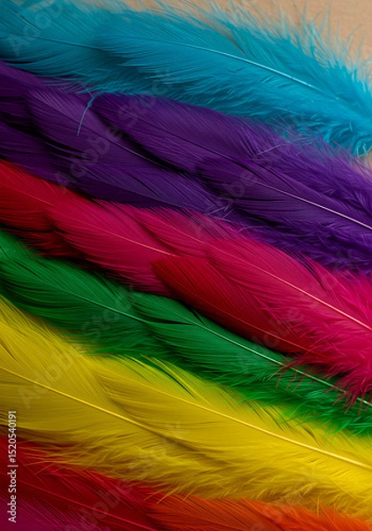 Fototapeta Rainbow of Feathers: A vibrant display of colored feathers arranged in a spectrum of hues, showcasing the delicate texture and natural beauty of avian plumage.