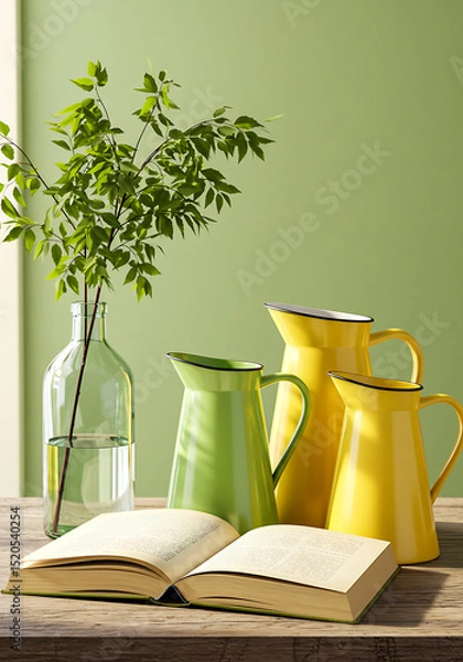 Fototapeta Summer Still Life with Pitchers: A tranquil scene of vibrant yellow and green pitchers arranged with an open book and a sprig of greenery in a clear glass bottle, set against a muted green wall.  