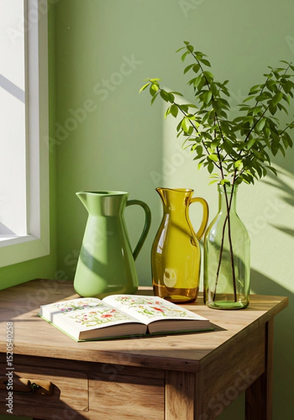 Fototapeta Sunny Corner Still Life: A tranquil scene of a wooden table bathed in sunlight near a window, adorned with a green pitcher, an amber glass jug, a clear glass bottle holding a sprig of green leaves.