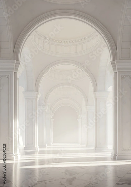 Fototapeta Elegant White Archway Hallway: A serene and elegant hallway with a series of white arches and columns, bathed in soft natural light, creating a sense of grandeur and serenity. 