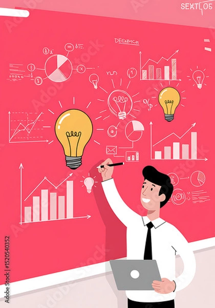 Fototapeta Bright Idea: Businessman sketching a bright idea on a red board with graphs and charts around it.