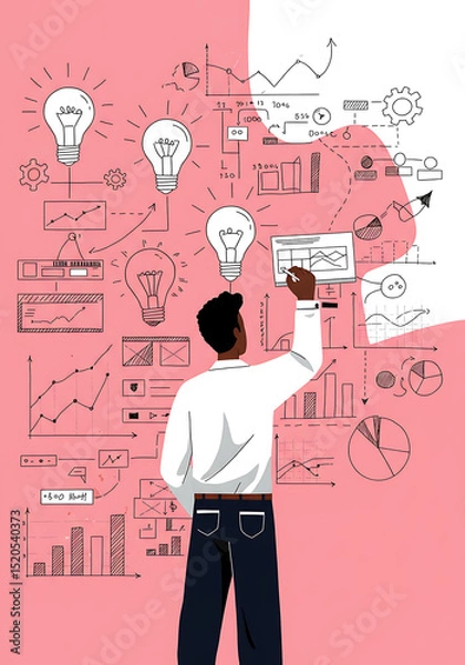 Fototapeta Strategic Blueprint: An individual in a smart attire meticulously outlines an intricate strategy, brainstorming with illuminated light bulbs and insightful infographics.