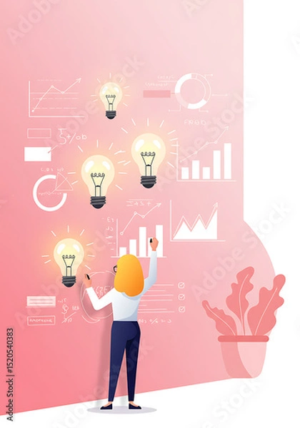 Fototapeta Idea Generation and Analysis: A visionary figure, the female entrepreneur, standing before a visual tapestry of illuminating ideas, igniting the spark of innovation.