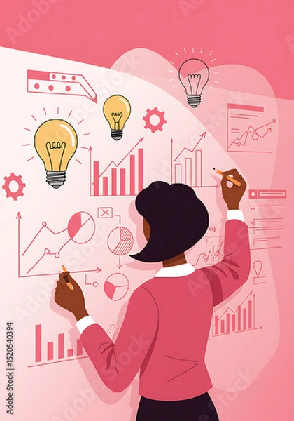 Fototapeta Analyzing Insights: A dedicated analyst studies data charts and bright ideas, her creative problem-solving illuminated by innovation