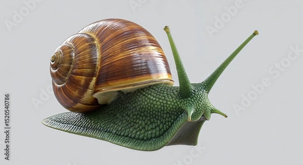 Fototapeta Studio shot of a common garden snail crawling on a white background
