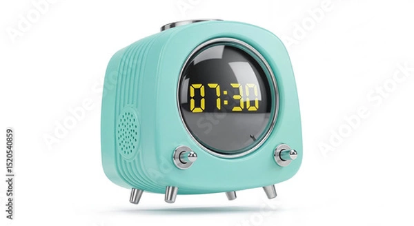 Fototapeta Turquoise retro digital alarm clock displaying 07:30 am on white background
