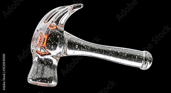Fototapeta Glass hammer floating on black background with orange glow: construction and diy tools made of crystal