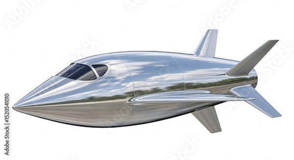 Fototapeta Futuristic metallic spaceship flying in white background