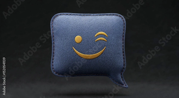 Fototapeta Winking golden emoticon smiling on blue jeans speech bubble