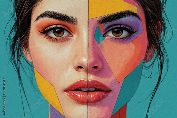 Fototapeta Lucid Realism Portrait: Colorful Geometric Design of a Woman’s Face