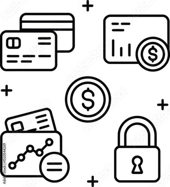 Fototapeta Line art illustration of credit cards coin wallet graph and padlock on a light gray background