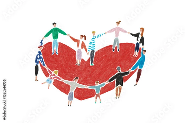 Obraz 手描きイラスト　ハートの輪になって手をつなぐ人々