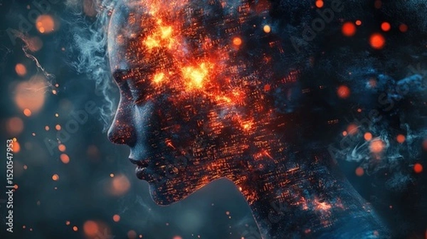 Obraz A mind split into glowing digital fragments, symbolizing stress-induced dissociation
