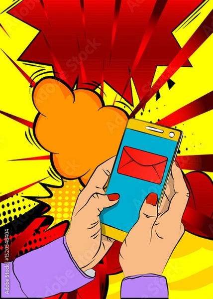 Obraz Cartoon Smartphone, comic book Telephone with Letter Envelope. Retro vector comics pop art design.
