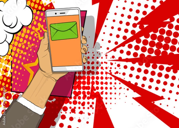 Obraz Cartoon Smartphone, comic book Telephone with Letter Envelope. Retro vector comics pop art design.