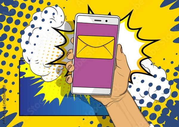 Obraz Cartoon Smartphone, comic book Telephone with Letter Envelope. Retro vector comics pop art design.