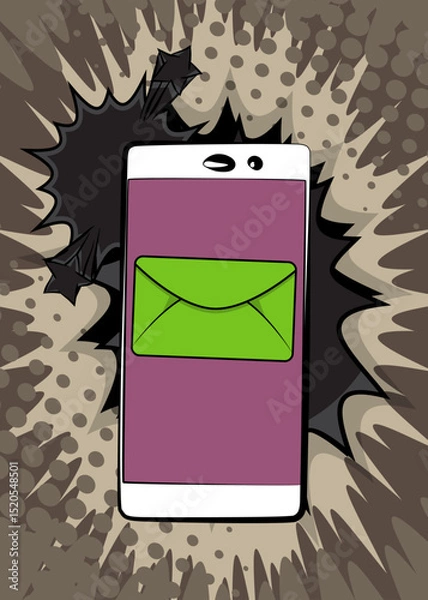 Obraz Cartoon Smartphone, comic book Telephone with Letter Envelope. Retro vector comics pop art design.