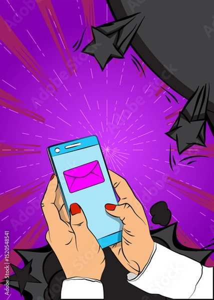 Obraz Cartoon Smartphone, comic book Telephone with Letter Envelope. Retro vector comics pop art design.