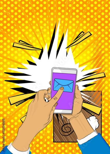 Obraz Cartoon Smartphone, comic book Telephone with Letter Envelope. Retro vector comics pop art design.