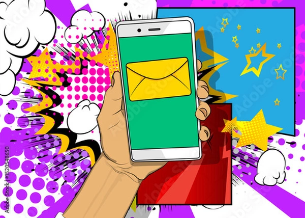 Obraz Cartoon Smartphone, comic book Telephone with Letter Envelope. Retro vector comics pop art design.