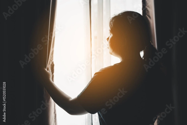 Obraz people and hope concept. happy woman opening window curtains. Hands, palms of person for support, giving and hope. hand gesture for kindness with help, community, gratitude or cupping for thank you.