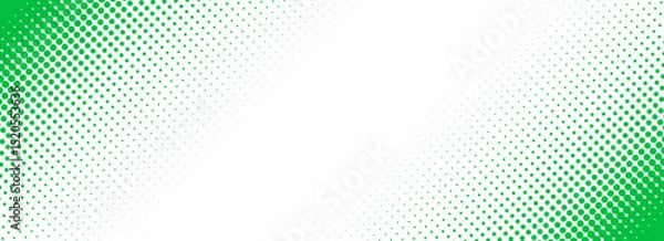 Fototapeta Slash green halftone gradient texture. Fading cartoon polka dot background. Dotted corner gradation pattern. Fading comic pop art overlay backdrop. Vector slant frame halfton patern effect wallpaper