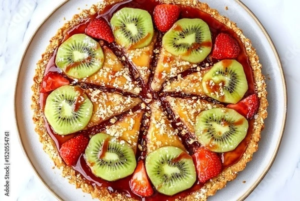 Obraz Colorful Fruit Tart with Strawberries and Kiwi Slices on Plate