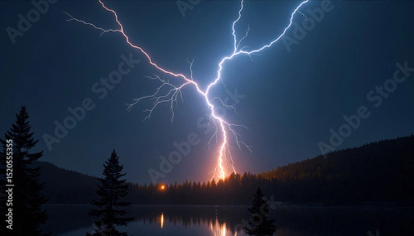 Obraz Brilliant lightning illuminates the dark sky as it strikes the forested mountains near a calm lake, creating a stunning contrast against the night backdrop. Generative AI.