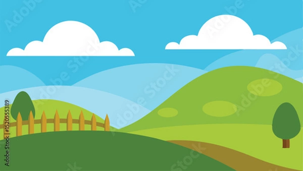 Fototapeta Rolling Cartoon Hills with a Fence Under a Clear Sky Vector illustration Background