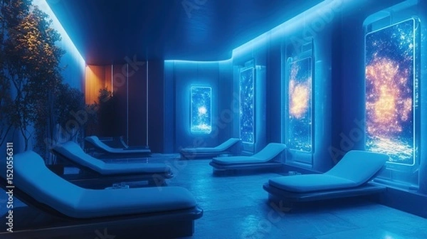 Obraz A high-tech therapy room with floating glowing stress-relief holograms