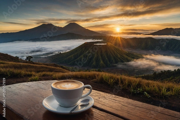 Fototapeta A cup of coffee on a wooden table at golden sunrise time with Mount Bromo in the background. 