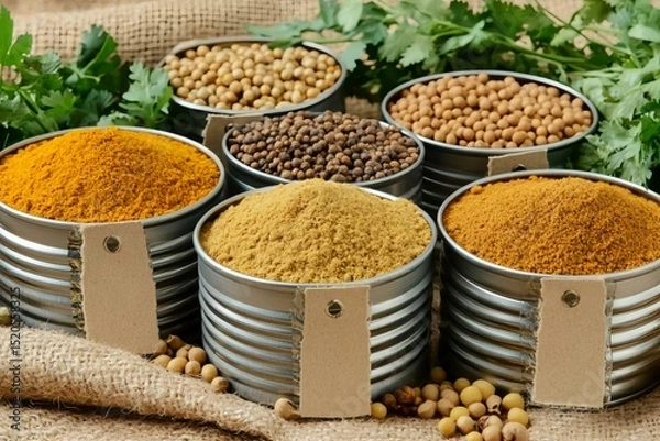 Obraz Colorful Assortment of Spices in Metal Containers on Natural Fabric