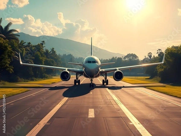 Fototapeta Passenger airplane on run way, Generative AI Illustration.