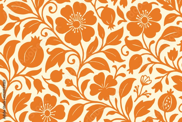 Fototapeta Seamless Vintage Floral Pattern with Bold Orange Flowers and Curved Vines on Cream Background