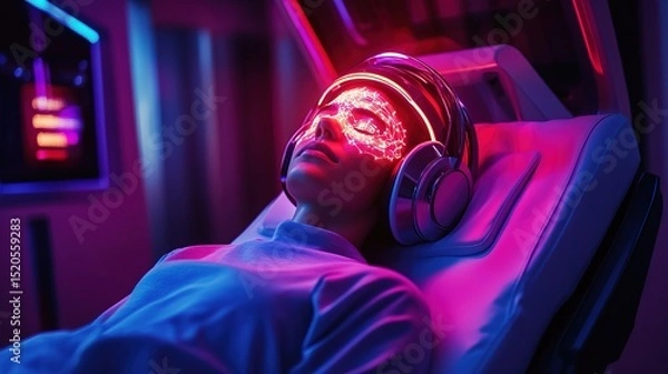 Obraz A futuristic therapy session with an AI scanning glowing stress waves from a patientâ€™s mind 