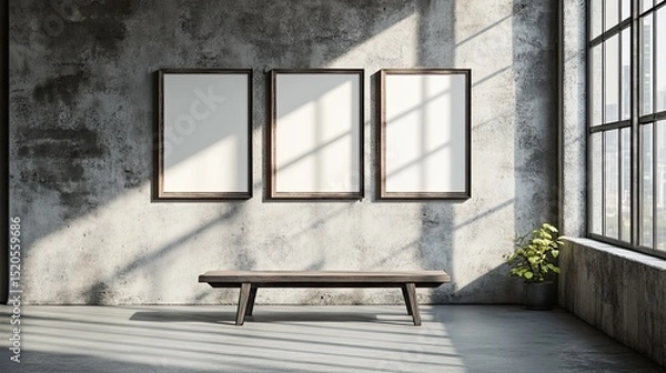 Fototapeta Minimalist Interior with Wooden Bench and Picture Frames