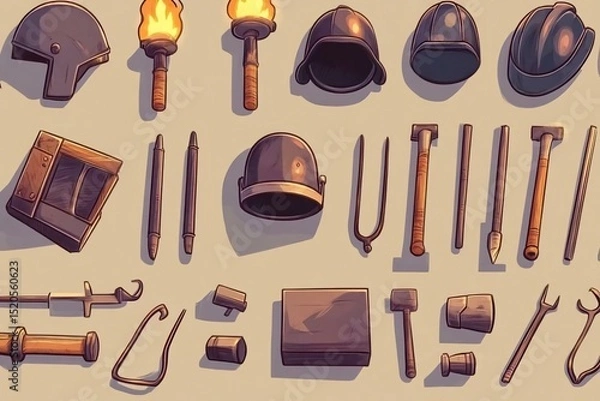 Obraz Collection of Historical Tools and Equipment on a Neutral Background