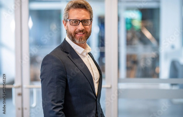 Obraz Success of entrepreneur. Office manager at business break. Successful businessman in office. Professional business man wear suit. Business boss portrait of man. Successful business, copy space