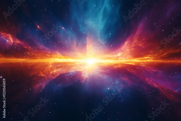 Fototapeta Cosmic explosion in deep space abstract nebula with brilliant burst of light and vibrant colors for backgrounds
