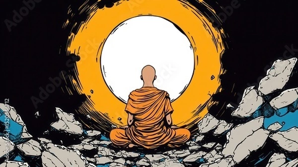 Fototapeta Peaceful cartoon monk surrounded by chaos, emotional contrast, centerleft space blank