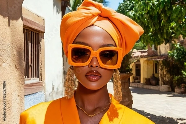 Obraz Bold Fashion Statement with Vibrant Orange Headwrap and Sunglasses